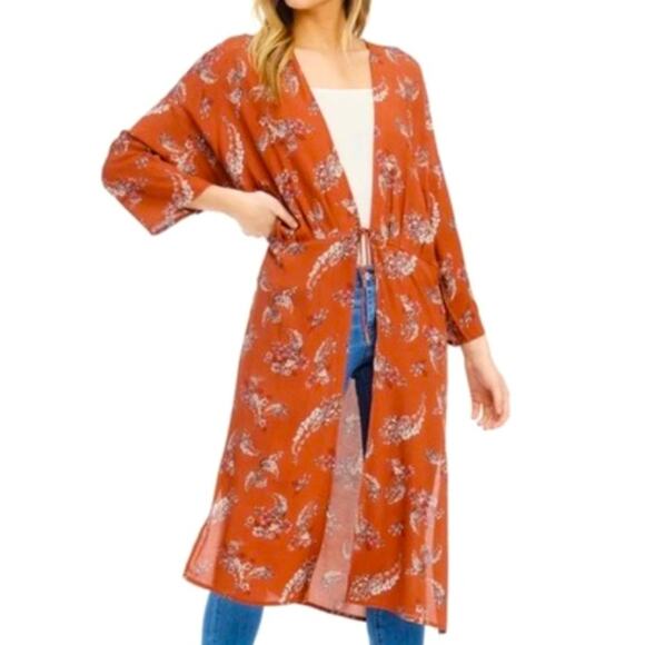 Anama Rust Floral Gathered Waist Kimono Size Small - Picture 1 of 14
